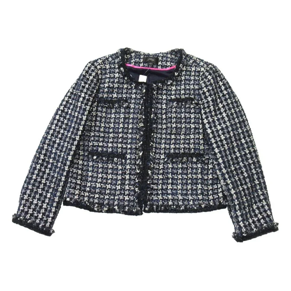 NWT J.Crew Lady Jacket in Navy Ivory Black Metallic Houndstooth Blazer 12